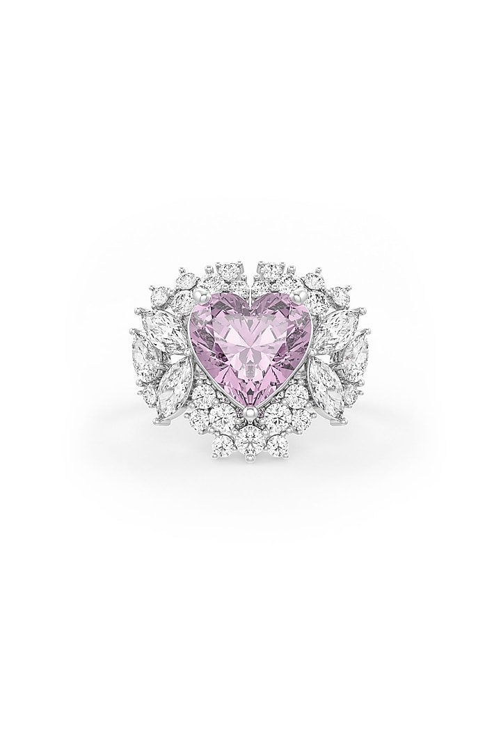 White Rhodium Finish Cubic Zirconia & Pink Stone Ring In Sterling Silver by MISS JO at Pernia's Pop Up Shop
