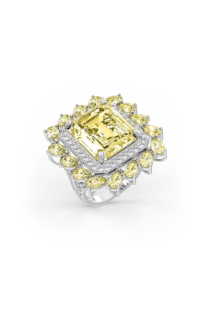 White Rhodium Finish Cubic Zirconia & Yellow Stone Ring In Sterling Silver by MISS JO at Pernia's Pop Up Shop