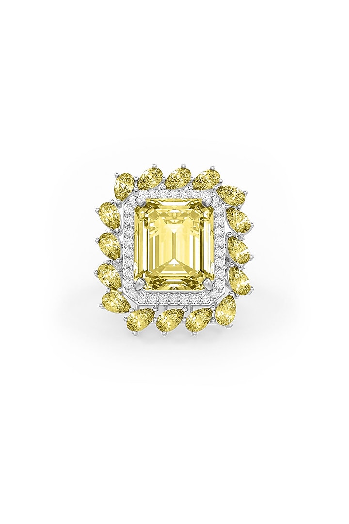 White Rhodium Finish Cubic Zirconia & Yellow Stone Ring In Sterling Silver by MISS JO at Pernia's Pop Up Shop