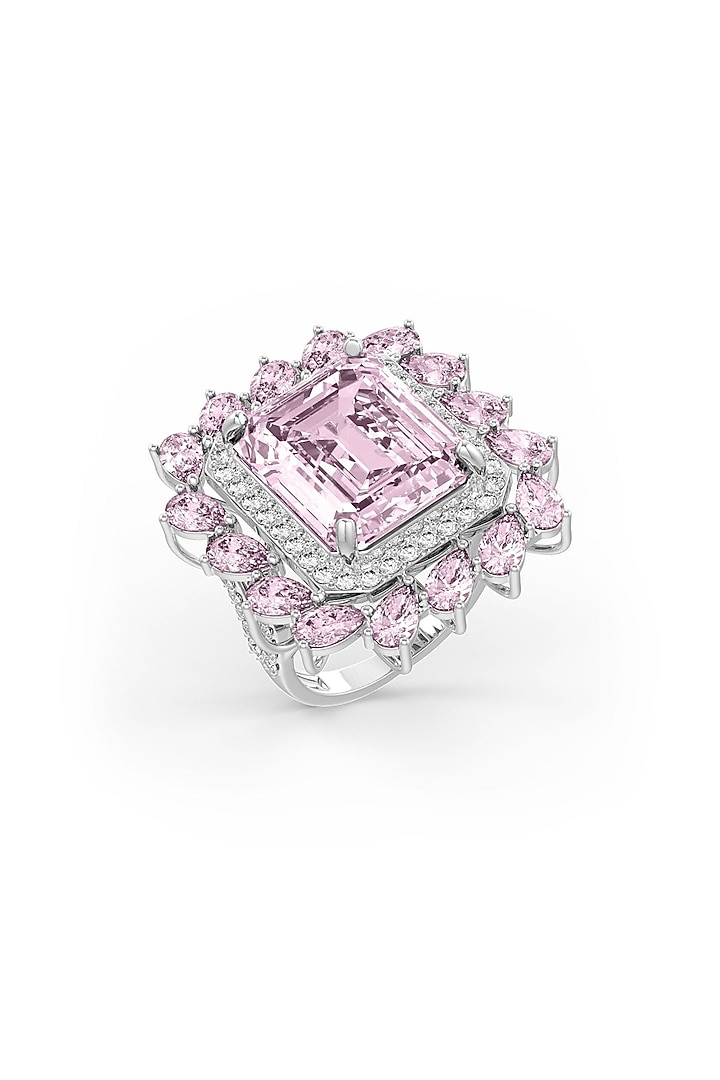 White Rhodium Finish Cubic Zirconia & Pink Stone Ring In Sterling Silver by MISS JO at Pernia's Pop Up Shop