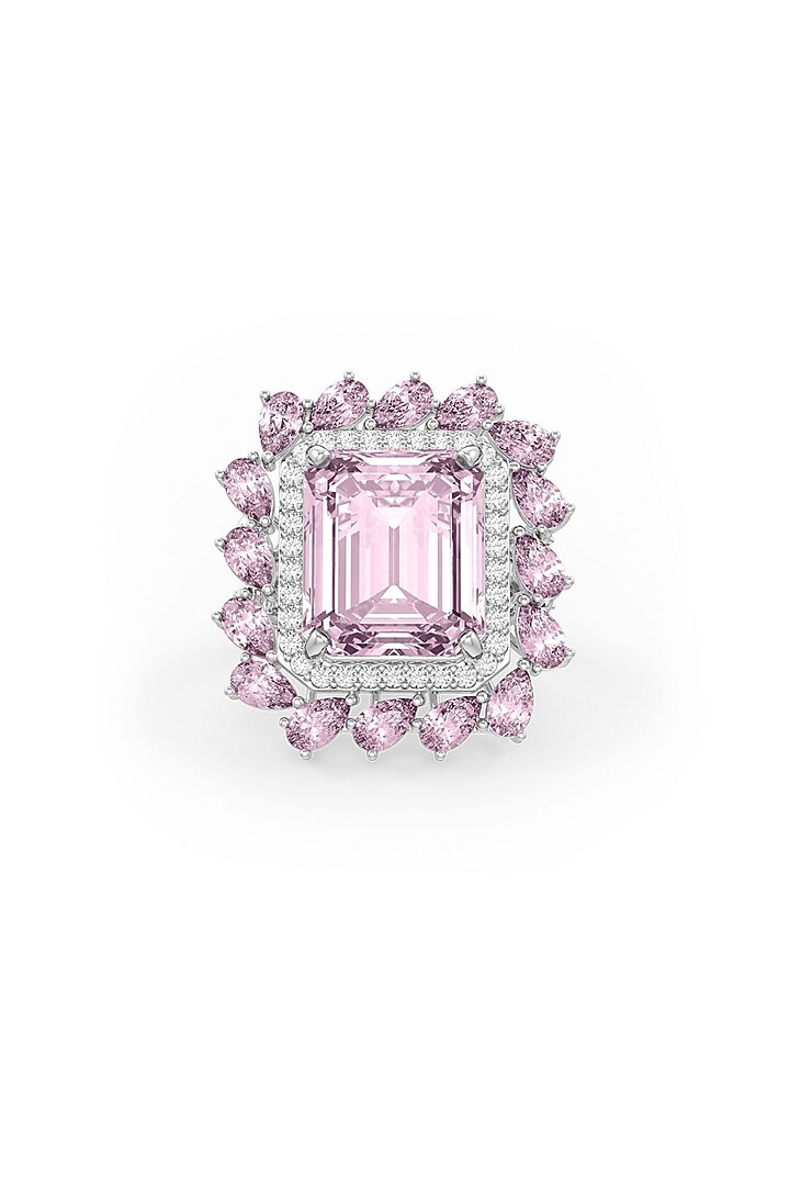 White Rhodium Finish Cubic Zirconia & Pink Stone Ring In Sterling Silver by MISS JO at Pernia's Pop Up Shop