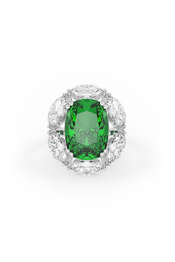 White Rhodium Finish Cubic Zirconia & Emerald Stone Ring In Sterling Silver by MISS JO at Pernia's Pop Up Shop