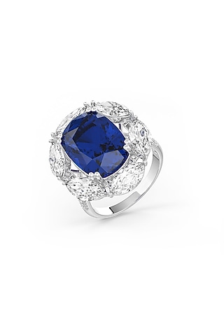 White Rhodium Finish Cubic Zirconia & Sapphire Stone Ring In Sterling Silver by MISS JO