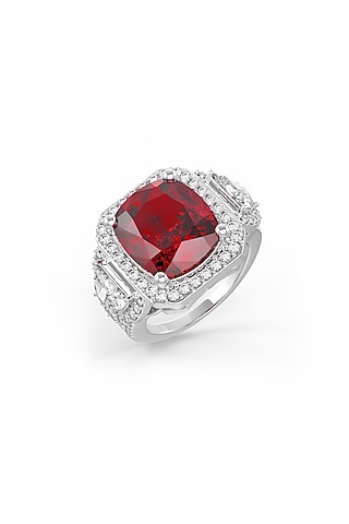 White Rhodium Finish Cubic Zirconia & Ruby Stone Ring In Sterling Silver by MISS JO