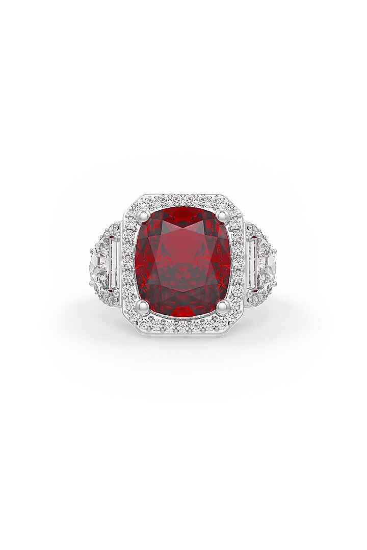 White Rhodium Finish Cubic Zirconia & Ruby Stone Ring In Sterling Silver by MISS JO at Pernia's Pop Up Shop