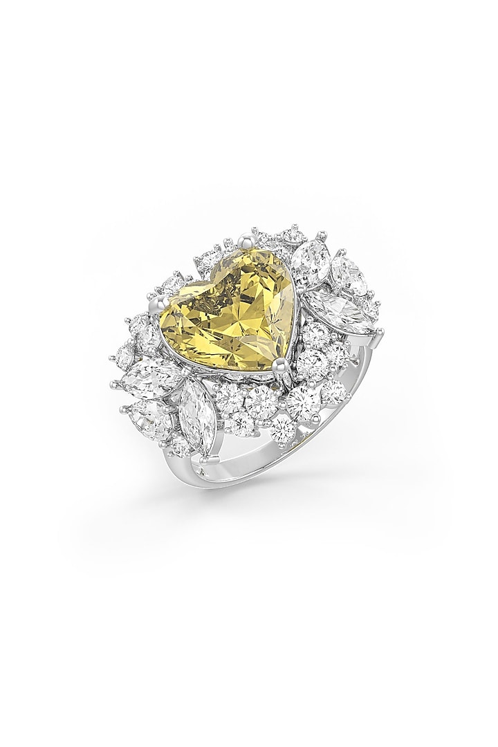 White Rhodium Finish Cubic Zirconia & Yellow Stone Ring In Sterling Silver by MISS JO at Pernia's Pop Up Shop