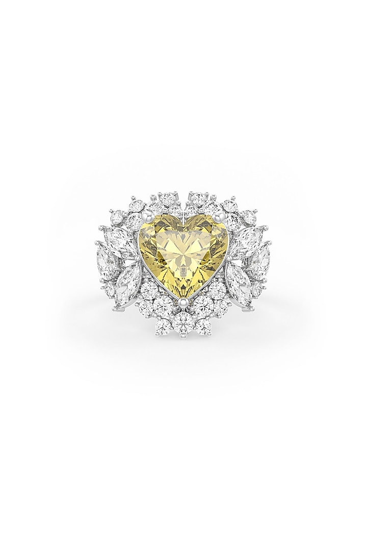 White Rhodium Finish Cubic Zirconia & Yellow Stone Ring In Sterling Silver by MISS JO at Pernia's Pop Up Shop