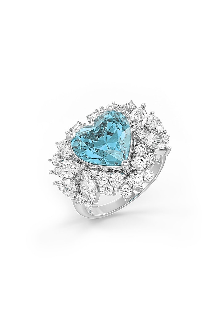 White Rhodium Finish Cubic Zirconia & Aqua Stone Ring In Sterling Silver by MISS JO at Pernia's Pop Up Shop