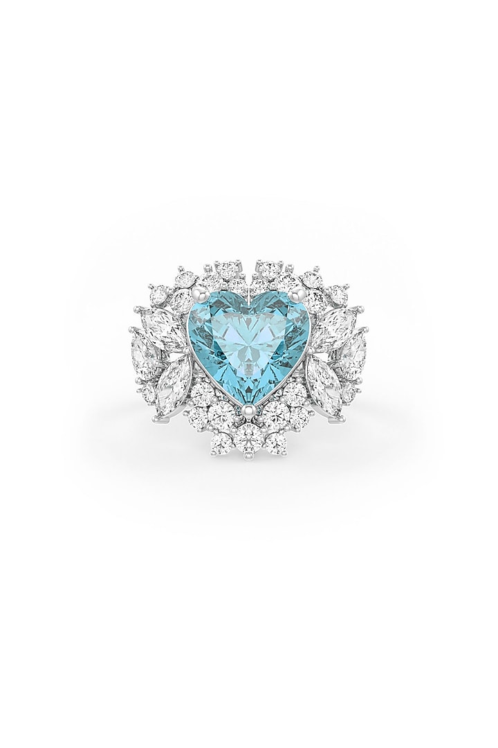 White Rhodium Finish Cubic Zirconia & Aqua Stone Ring In Sterling Silver by MISS JO at Pernia's Pop Up Shop