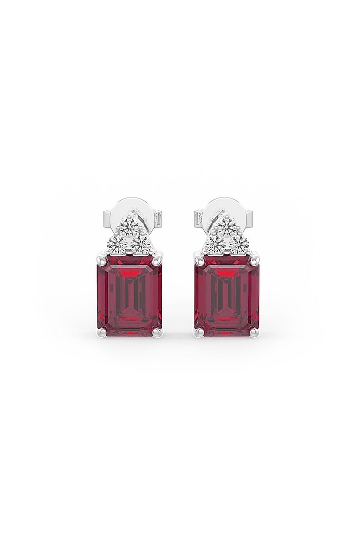 White Rhodium Finish Cubic Zirconia & Ruby Red Stone Stud Earrings In Sterling Silver by MISS JO at Pernia's Pop Up Shop