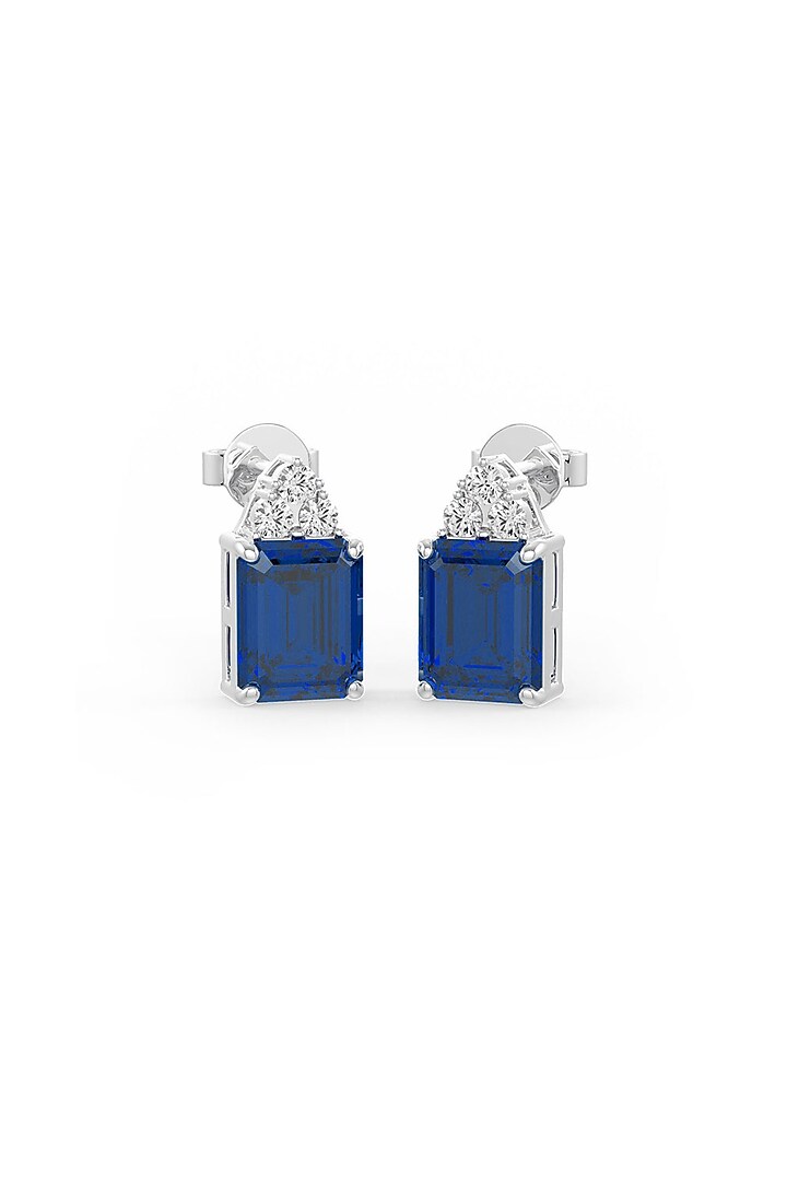 White Rhodium Finish Cubic Zirconia & Sapphire Stone Stud Earrings In Sterling Silver by MISS JO at Pernia's Pop Up Shop