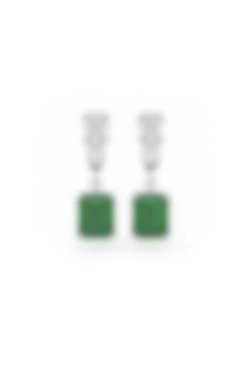 White Rhodium Finish Cubic Zirconia & Emerald Stone Dangler Earrings In Sterling Silver by MISS JO at Pernia's Pop Up Shop