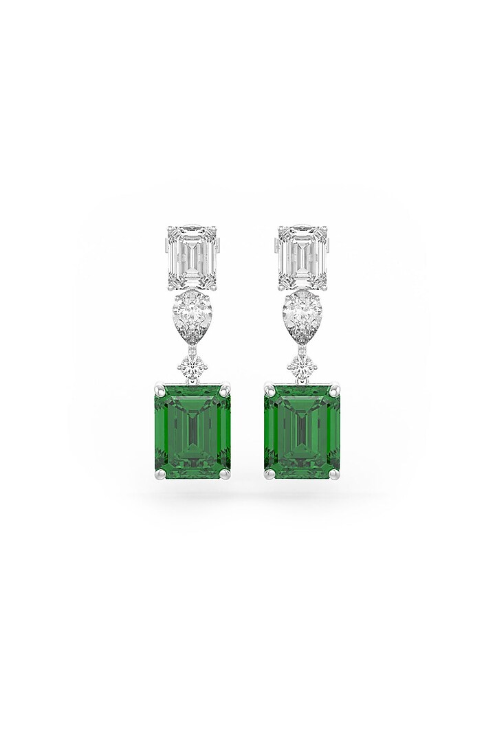 White Rhodium Finish Cubic Zirconia & Emerald Stone Dangler Earrings In Sterling Silver by MISS JO at Pernia's Pop Up Shop