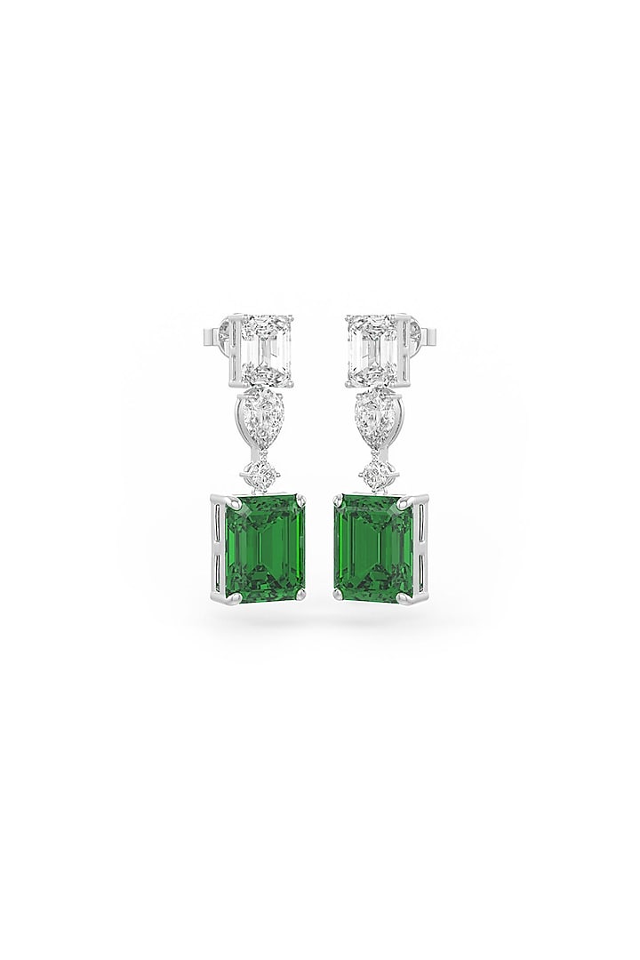 White Rhodium Finish Cubic Zirconia & Emerald Stone Dangler Earrings In Sterling Silver by MISS JO at Pernia's Pop Up Shop