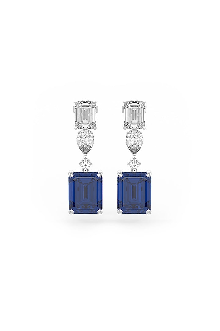 White Rhodium Finish Cubic Zirconia & Sapphire Stone Dangler Earrings In Sterling Silver by MISS JO at Pernia's Pop Up Shop