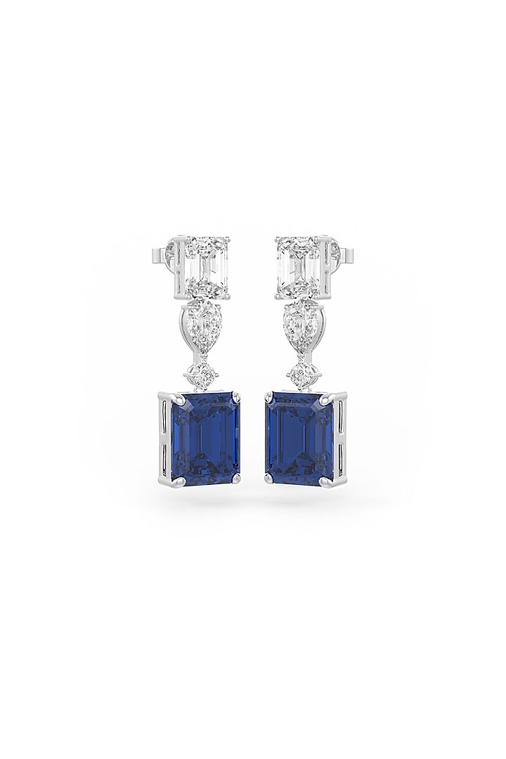 White Rhodium Finish Cubic Zirconia & Sapphire Stone Dangler Earrings In Sterling Silver by MISS JO at Pernia's Pop Up Shop