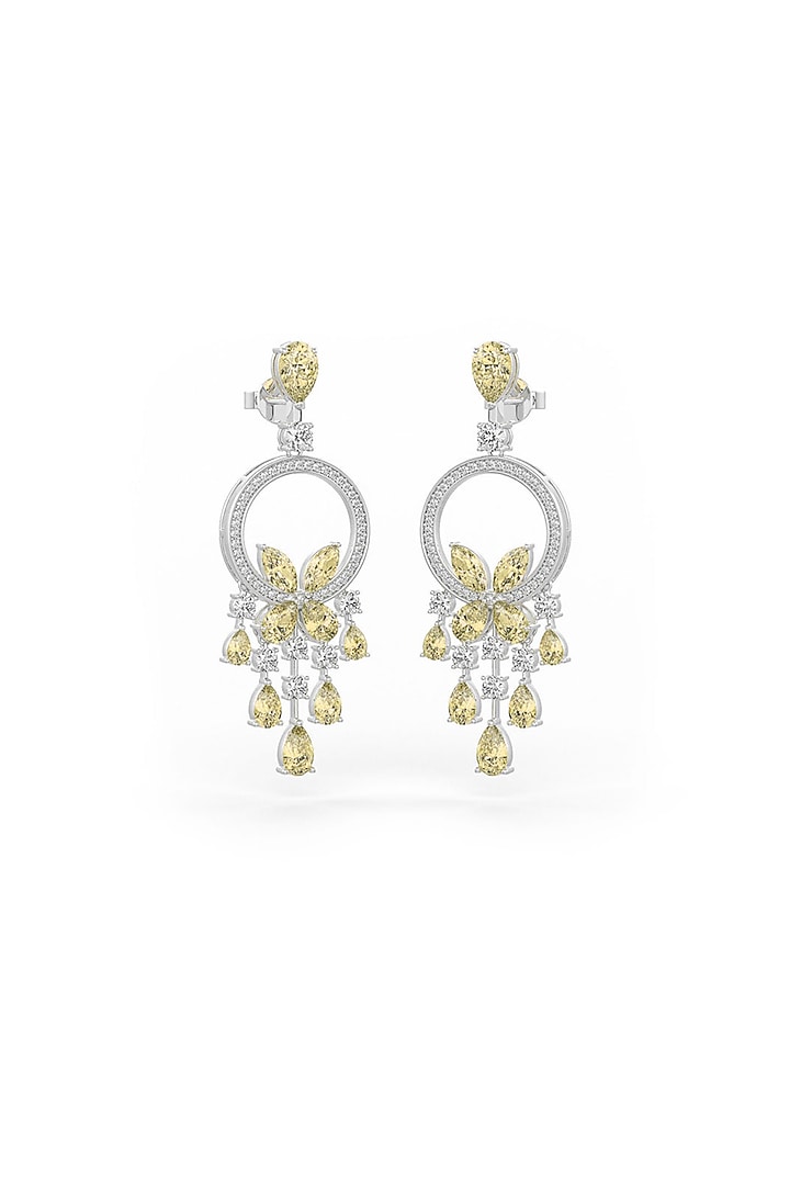 White Rhodium Finish Cubic Zirconia & Yellow Stone Dangler Earrings In Sterling Silver by MISS JO at Pernia's Pop Up Shop