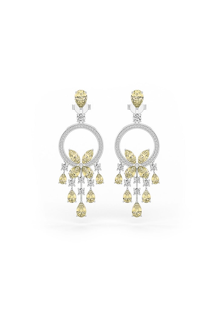 White Rhodium Finish Cubic Zirconia & Yellow Stone Dangler Earrings In Sterling Silver by MISS JO at Pernia's Pop Up Shop