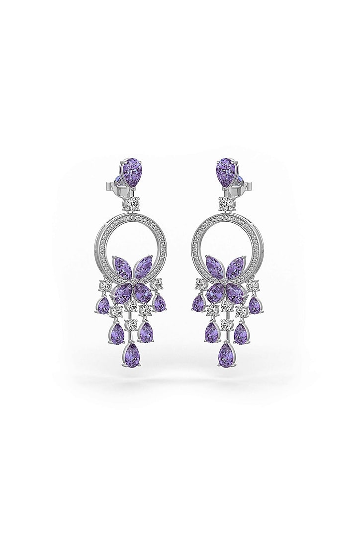White Rhodium Finish Cubic Zirconia & Purple Stone Dangler Earrings In Sterling Silver by MISS JO at Pernia's Pop Up Shop