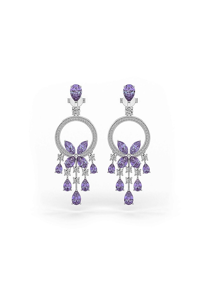 White Rhodium Finish Cubic Zirconia & Purple Stone Dangler Earrings In Sterling Silver by MISS JO at Pernia's Pop Up Shop