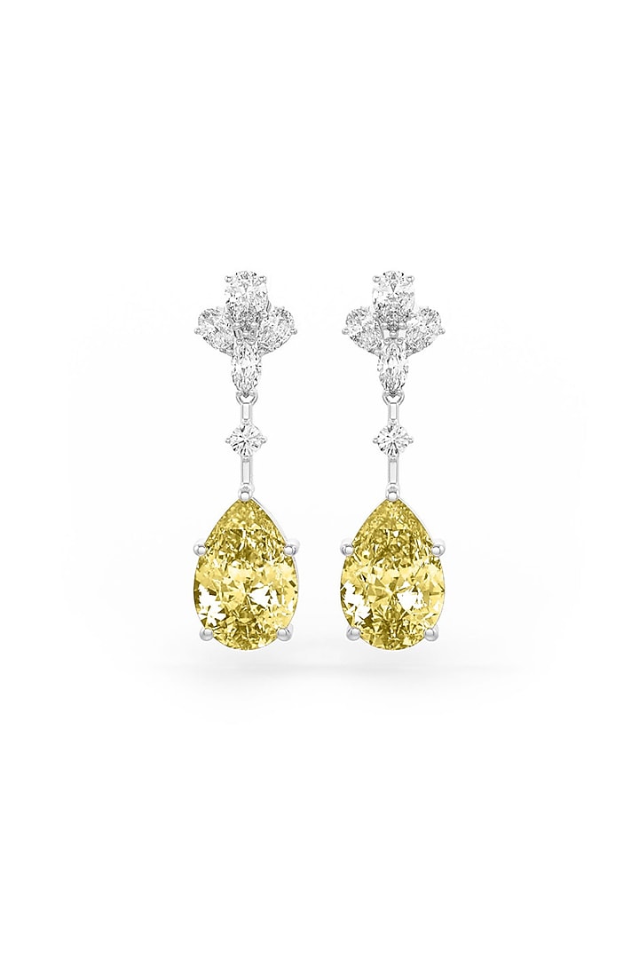 White Rhodium Finish Cubic Zirconia & Yellow Stone Dangler Earrings In Sterling Silver by MISS JO at Pernia's Pop Up Shop