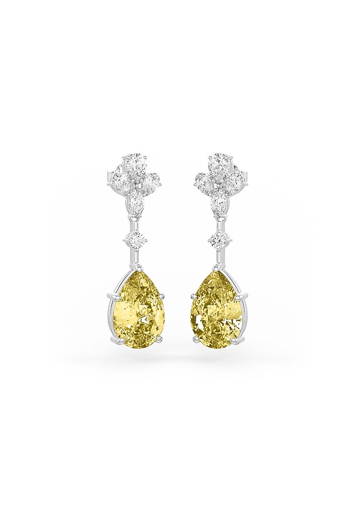White Rhodium Finish Cubic Zirconia & Yellow Stone Dangler Earrings In Sterling Silver by MISS JO at Pernia's Pop Up Shop