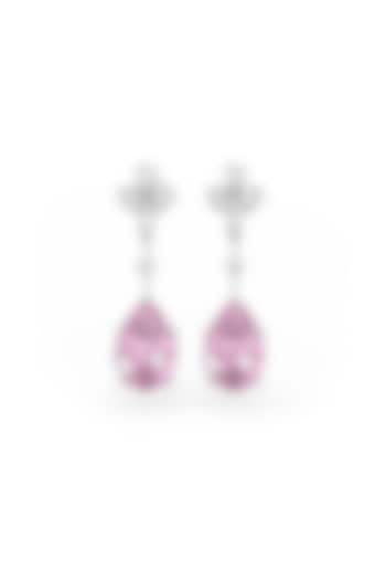 White Rhodium Finish Cubic Zirconia & Pink Stone Dangler Earrings In Sterling Silver by MISS JO at Pernia's Pop Up Shop