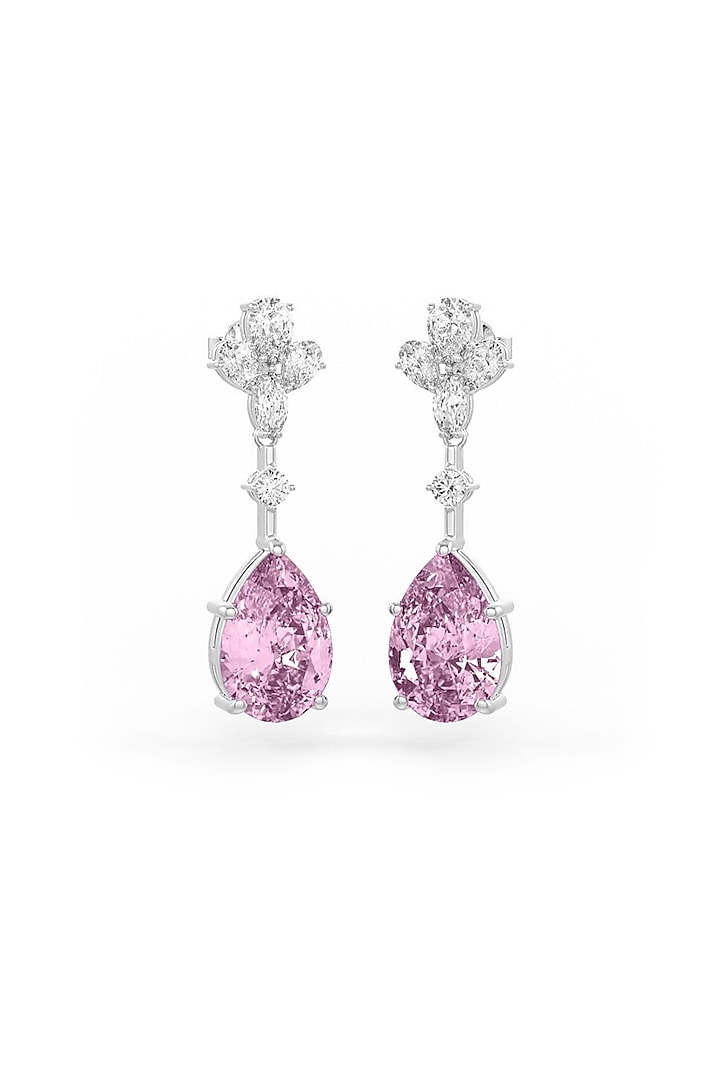 White Rhodium Finish Cubic Zirconia & Pink Stone Dangler Earrings In Sterling Silver by MISS JO at Pernia's Pop Up Shop