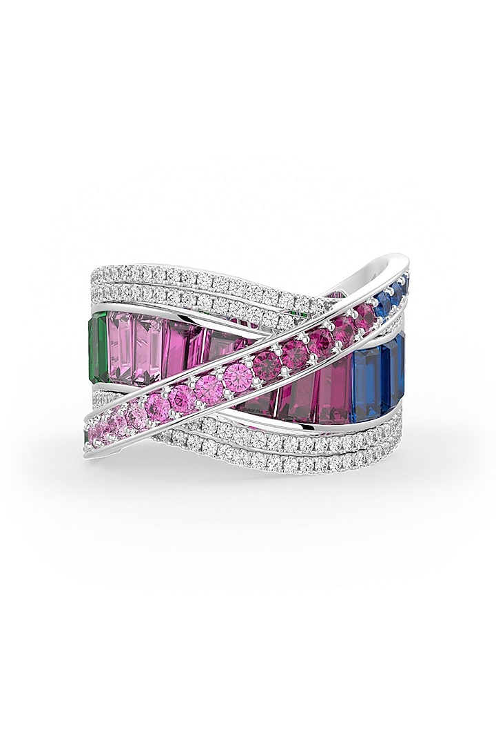 White Rhodium Finish Cubic Zirconia & Multi-Colored Stone Ring In Sterling Silver by MISS JO at Pernia's Pop Up Shop