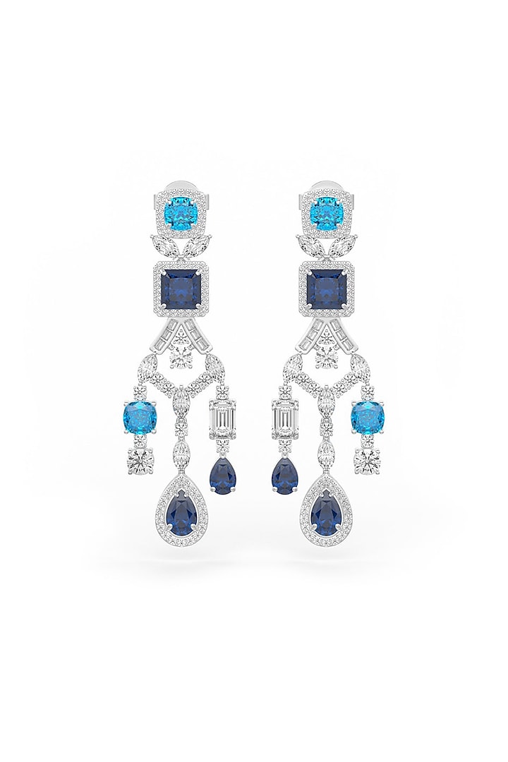 White Rhodium Finish Cubic Zirconia & Sapphire Stone Dangler Earrings In Sterling Silver by MISS JO at Pernia's Pop Up Shop