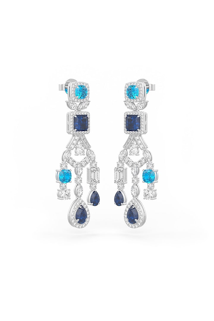 White Rhodium Finish Cubic Zirconia & Sapphire Stone Dangler Earrings In Sterling Silver by MISS JO at Pernia's Pop Up Shop