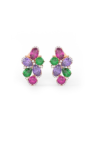 Rose Gold Finish Cubic Zirconia & Multi-Colored Stone Stud Earrings In Sterling Silver by MISS JO