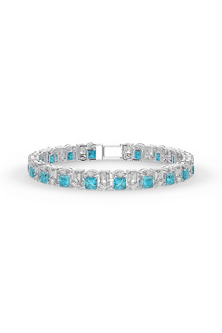 White Rhodium Finish Cubic Zirconia & Aqua Stone Bracelet In Sterling Silver by MISS JO at Pernia's Pop Up Shop