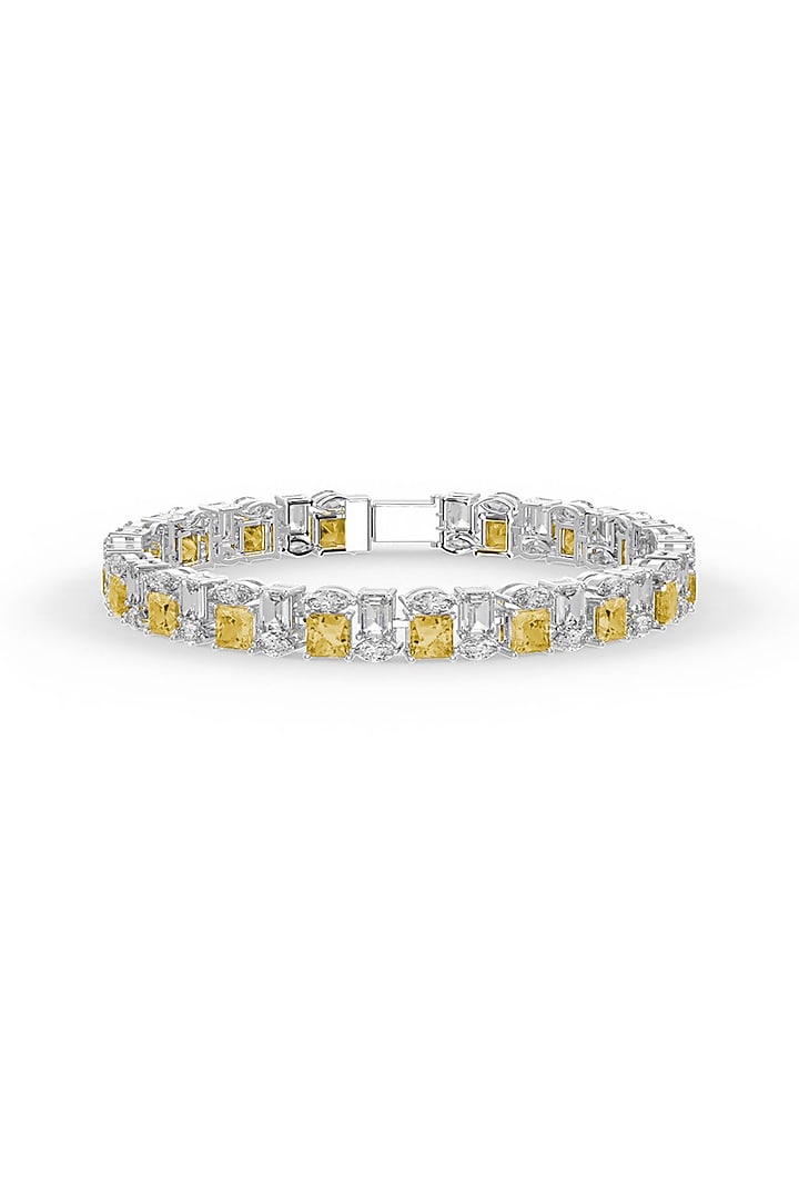 White Rhodium Finish Cubic Zirconia & Yellow Stone Bracelet In Sterling Silver by MISS JO at Pernia's Pop Up Shop