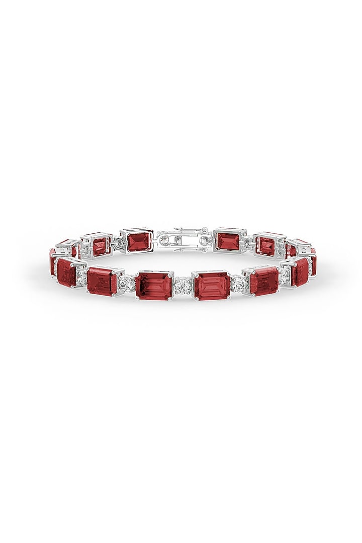 White Rhodium Finish Cubic Zirconia & Red Stone Bracelet In Sterling Silver by MISS JO at Pernia's Pop Up Shop