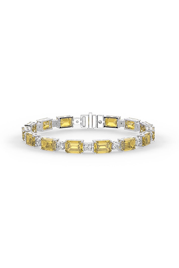 White Rhodium Finish Cubic Zirconia & Yellow Stone Bracelet In Sterling Silver by MISS JO at Pernia's Pop Up Shop