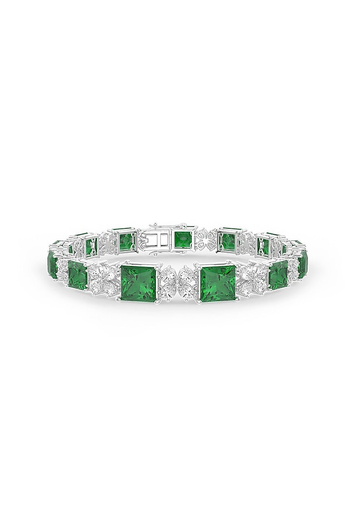 White Rhodium Finish Cubic Zirconia & Emerald Stone Bracelet In Sterling Silver by MISS JO at Pernia's Pop Up Shop