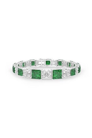 White Rhodium Finish Cubic Zirconia & Emerald Stone Bracelet In Sterling Silver by MISS JO