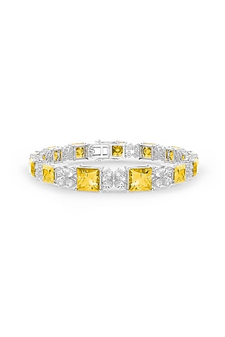 White Rhodium Finish Cubic Zirconia & Yellow Stone Bracelet In Sterling Silver by MISS JO