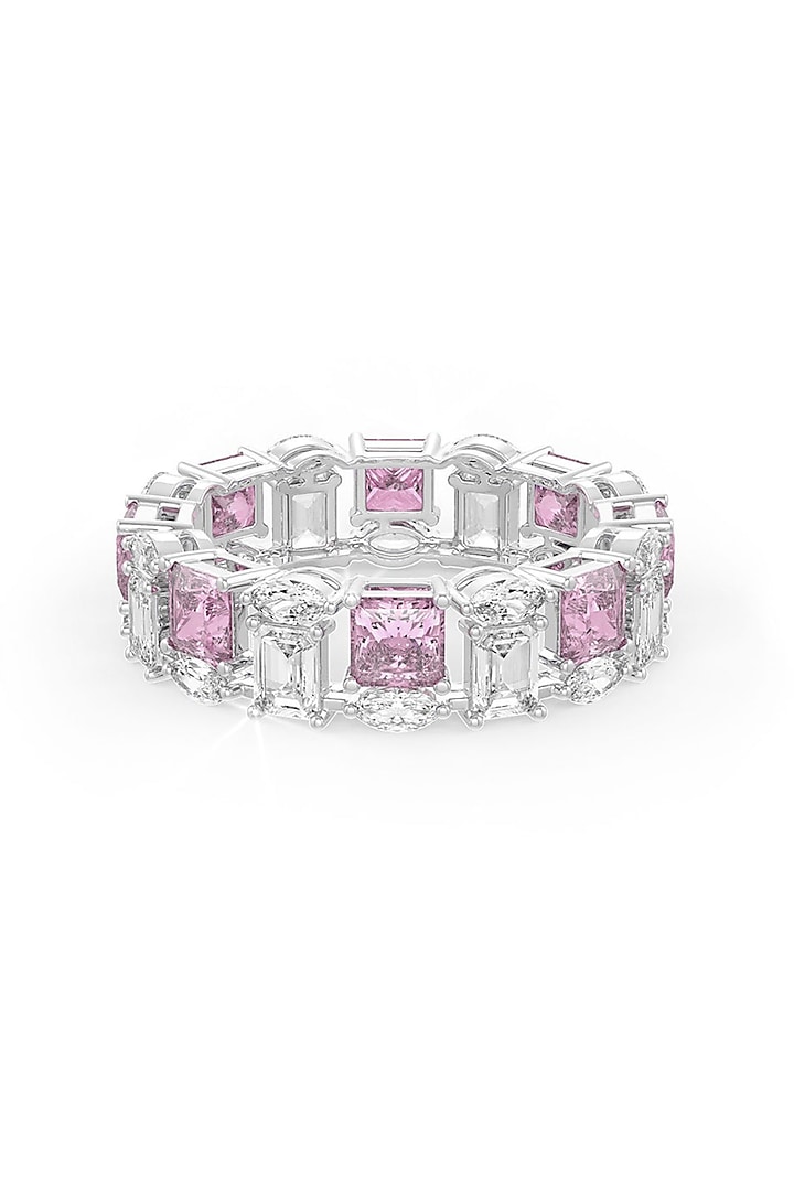 White Rhodium Finish Cubic Zirconia & Pink Stone Ring In Sterling Silver by MISS JO at Pernia's Pop Up Shop