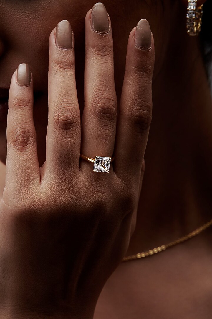 White Rhodium Finish Square-Shaped Cubic Zirconia Ring In Sterling Silver by MISS JO at Pernia's Pop Up Shop