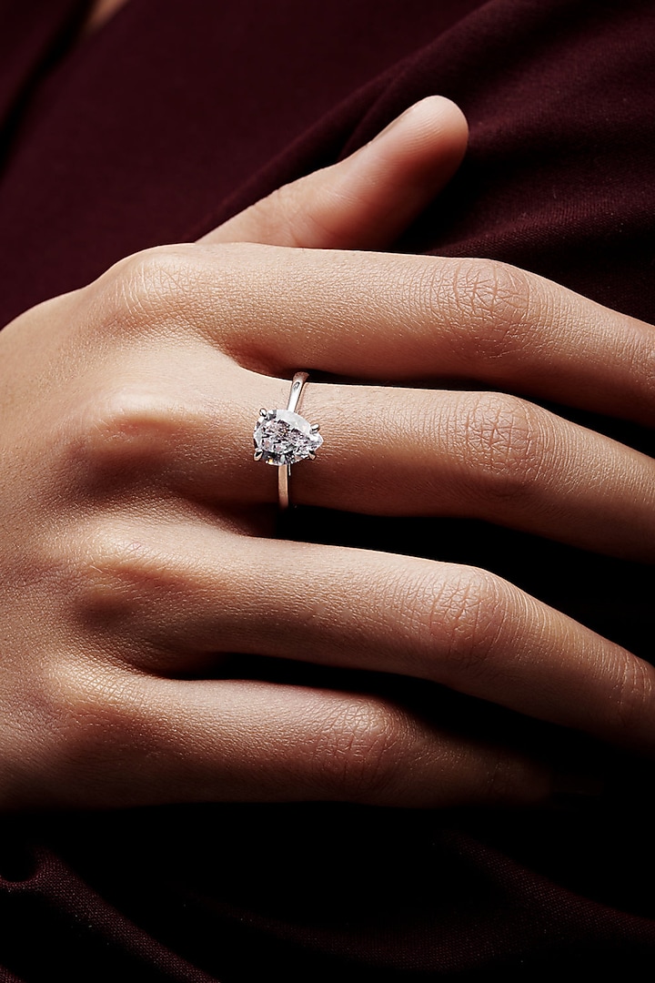 White Rhodium Finish Pear-Shaped Cubic Zirconia Ring In Sterling Silver by MISS JO at Pernia's Pop Up Shop