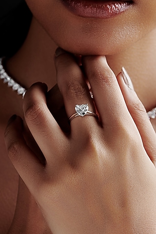 White Rhodium Finish Heart-Shaped Cubic Zirconia Ring In Sterling Silver by MISS JO