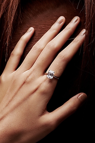 White Rhodium Finish Emerald-Cut Cubic Zirconia Ring In Sterling Silver by MISS JO