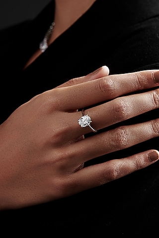 White Rhodium Finish Oval-Shaped Cubic Zirconia Ring In Sterling Silver by MISS JO