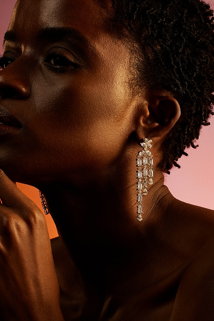 White Rhodium Finish Cubic Zirconia Dangler Earrings In Sterling Silver by MISS JO at Pernia's Pop Up Shop