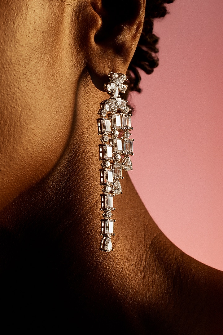 White Rhodium Finish Cubic Zirconia Dangler Earrings In Sterling Silver by MISS JO at Pernia's Pop Up Shop