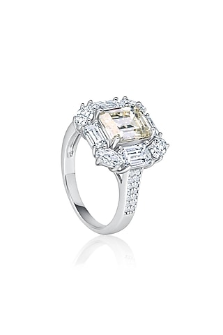 White Rhodium Finish Champagne Cubic Zirconia Ring In Sterling Silver by MISS JO