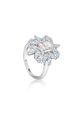 White Rhodium Finish Champagne Cubic Zirconia Ring In Sterling Silver by MISS JO