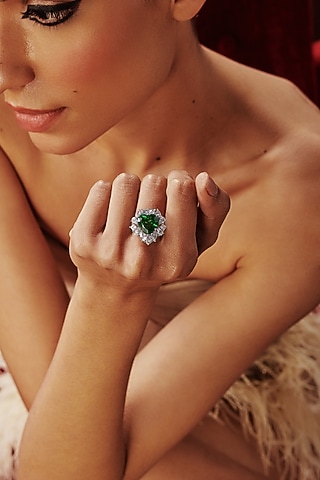 White Rhodium Finish Emerald Stone & Cubic Zirconia Ring In Sterling Silver by MISS JO